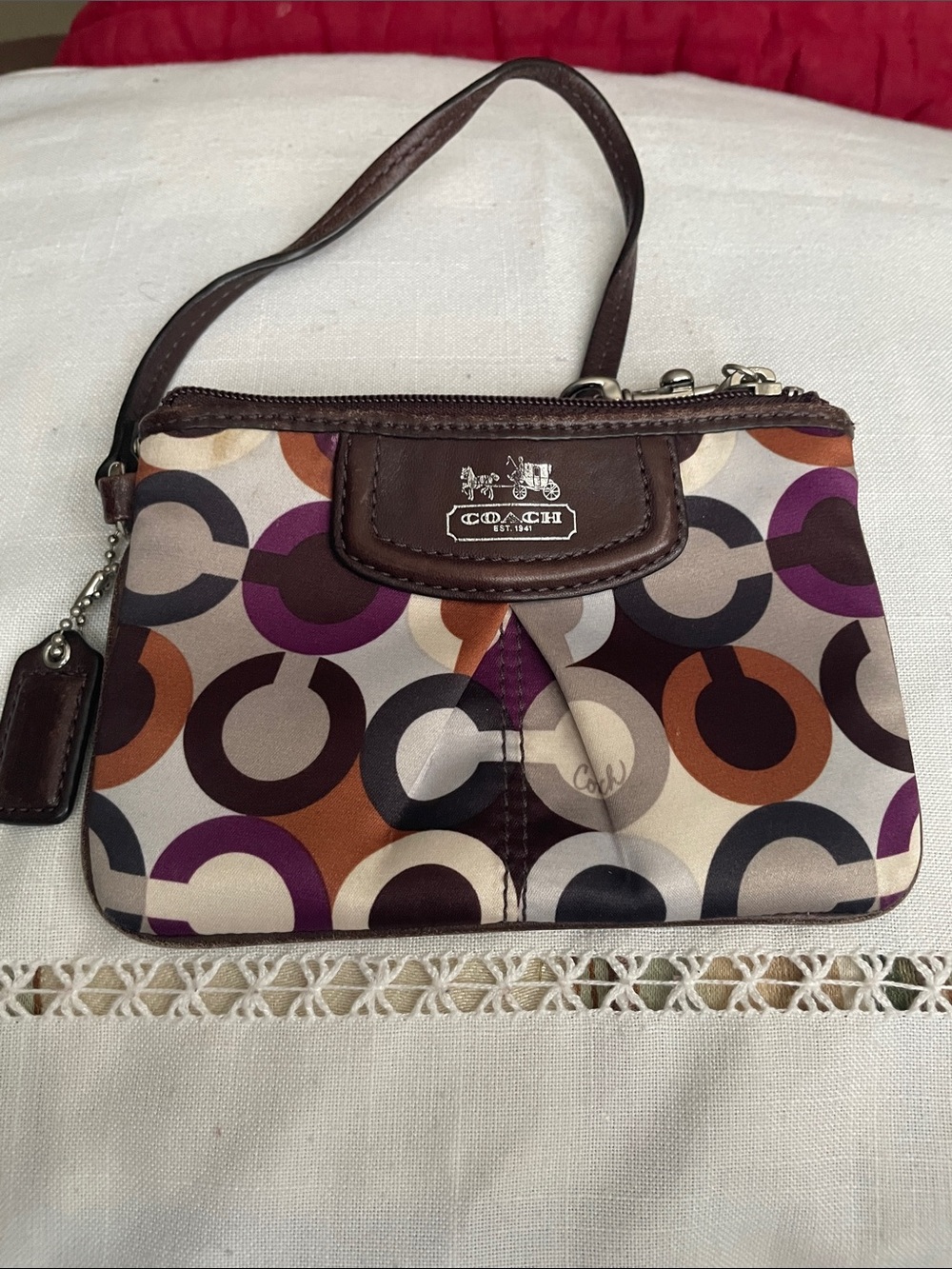 Coach Purple, Brown & Cream Signature C Wristlet-Hang Tag Rubbing Around Trim